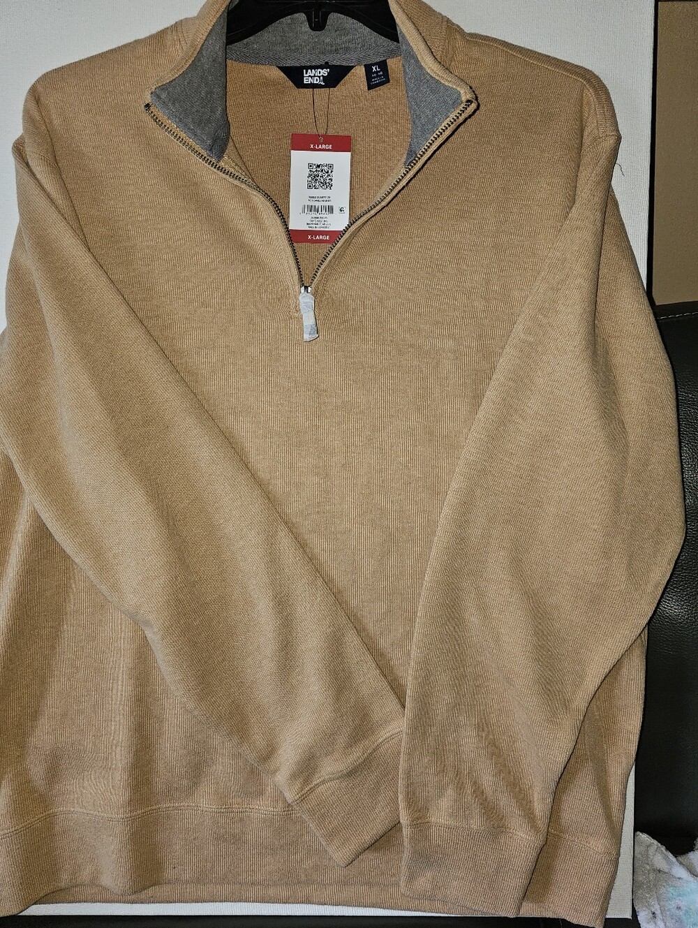 Lands' End Men’s Zip-Up Sweater in Camel Tan with Gray Trim